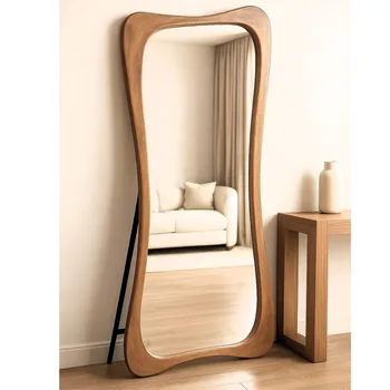 מראה מלבנית עם רגל | מסגרת אמורפית עץ מלא - גוון בהיר