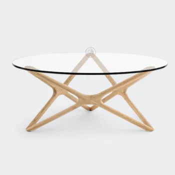 שולח עגול | פלטה זכוכית | רגלי עץ מעוצבות | G-H.CO.IL