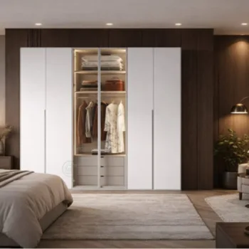 אלומיניום: לבן. פנים: עץ טבעי - panorama-wardrobe-6-doors-white-glass-led-green-house.jpg